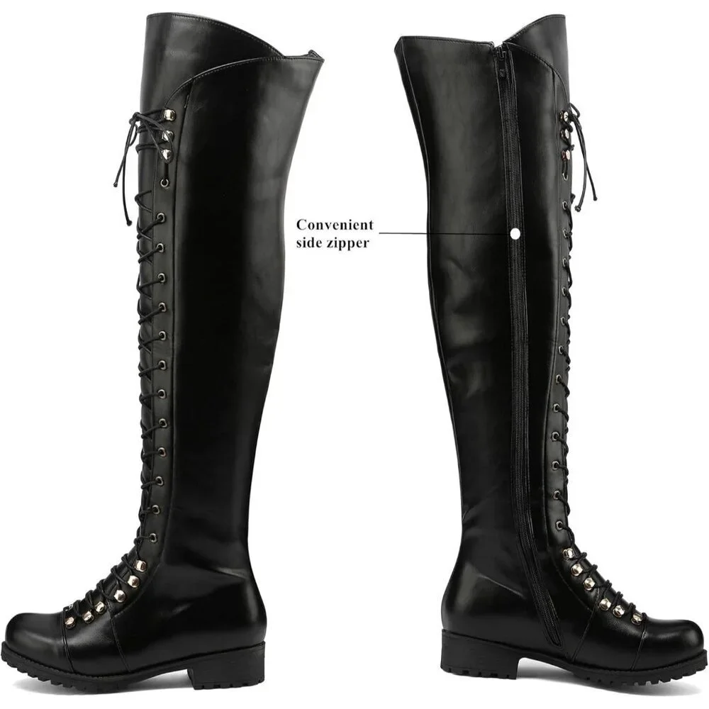 Women's Black Faux Leather Over The Knee Square Toe Thigh High Combat Boots